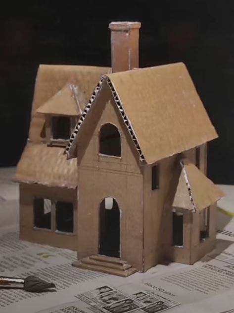 Cardboard Box Houses, Cardboard Cat House, Fairy House Crafts, Cardboard Crafts Diy, House Template, Fairy House Diy, Christmas Village Houses, Doll House Crafts, Putz Houses