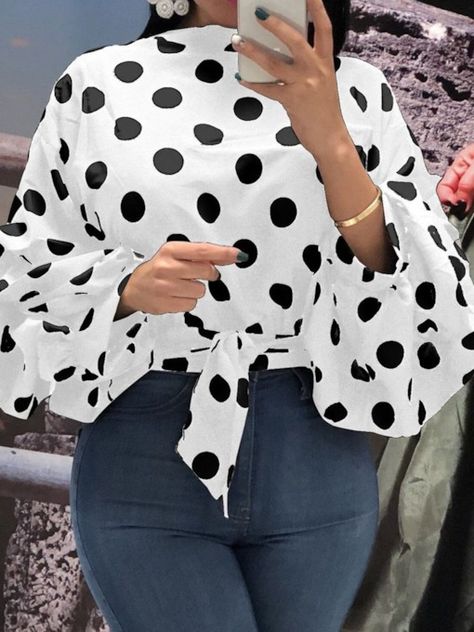 Polka Dots Lantern Sleeve Print Short Women's Blouse Elegant White Blouse, Printed Blouses, African Print Tops, Ankara Tops, Corporate Dress, Fashion Tops Blouse, Gorgeous Outfits, Classy Dress Outfits, Stylish Blouse