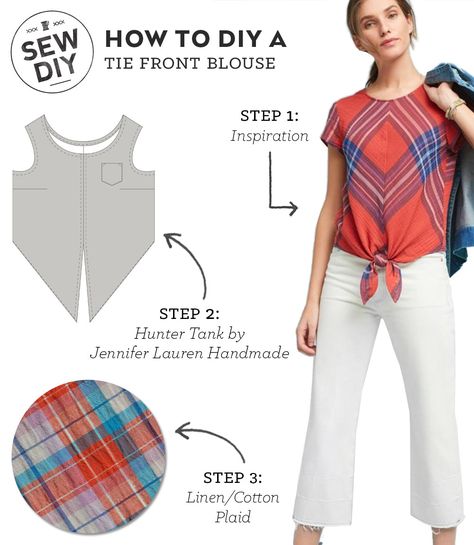 Shirt Hacks, Sewing Blouses, Diy Tie, Tie Front Top, Front Tie Shirt, Silky Scarf, Blouse Diy, Sewing Pattern Design, Fashion Blouse Design