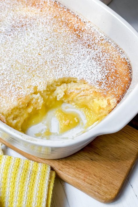 Baked Lemon Pudding is a delicious, irresistibly light and airy dessert with Irish origins. A sweet, effortless treat you don't want to miss. Irish Lemon Pudding, Lemon Delicious Pudding Dessert Recipes, Lemon Cake Pudding, Easy Baked Pudding Recipes, Instant Lemon Pudding Dessert, Lemon Self Saucing Pudding, Quick And Easy Lemon Desserts, Sticky Lemon Pudding, Lemon Delicious Pudding