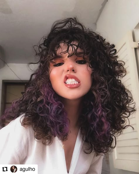 Dark Purple Curly Hair Natural, Purple Underneath Hair Curly, Purple Peekaboo Curly Hair, Purple Underdye Hair Curly, Peak A Boo Hair Color Curly Hair, Curly Hair With Purple Highlights, Dyed Curly Hair Ideas Colour Purple, Curly Hair Purple Highlights, Lilac Curly Hair