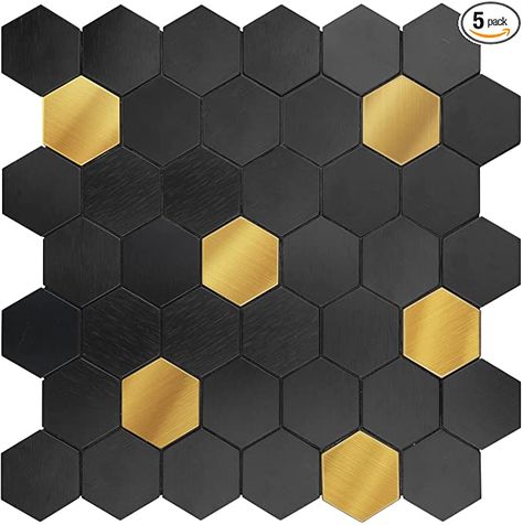 Gold Tile Backsplash, Gold Interior Design, Fireplace Accent Walls, Black Wall Tiles, Accent Wall Panels, Black And Gold Bathroom, Home Bar Cabinet, Black Floor Tiles, Stainless Steel Tile