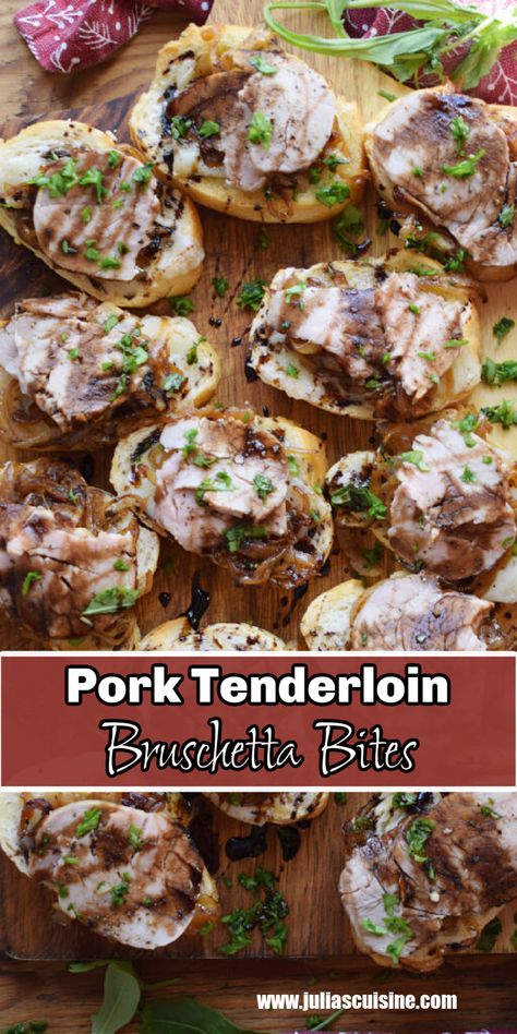 Pork Tenderloin Bruschetta Bites Appetizer With Pork Tenderloin, Pork Tenderloin Appetizer Recipes, Pork Tenderloin Appetizer Bites, Pork Loin Appetizers, Pork Tenderloin Appetizer, Filet Crostini Appetizers, Pork Loin Crostini, Pork Tenderloin Crostini, Tenderloin Bruschetta