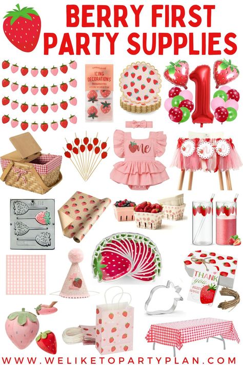 A Berry First Birthday Party Supply Guide - We Like To Party Plan Some Berry Is One Party, Berry Sweet 1st Birthday Centerpieces, Berry Sweet Birthday Party Decorations, Berry 1st Birthday Party Decorations Diy, Strawberry Birthday Party Ideas, One Berry Sweet Birthday, Berry First Birthday Girl, Berry First Birthday Food Ideas, Berry One Birthday