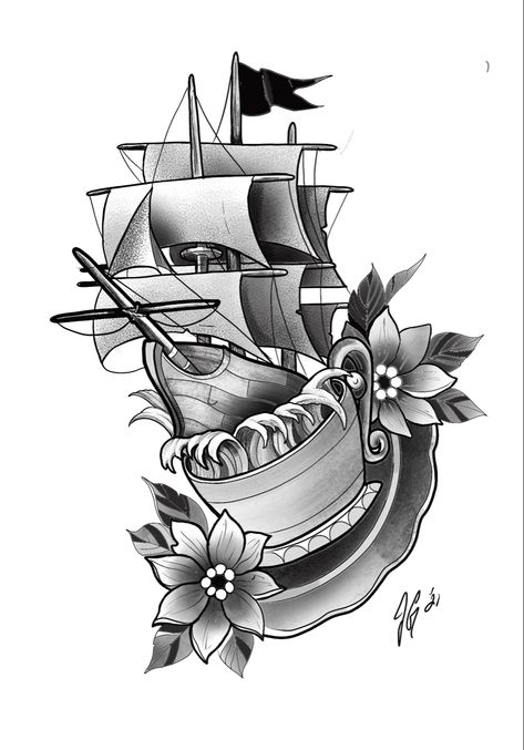 Blackwork Tattoo Design, Ohio Tattoo, Teacup Tattoo, Sketch Procreate, Ipad Pro Art, Ship Drawing, Pirate Ship, Art Sketch, Blackwork Tattoo