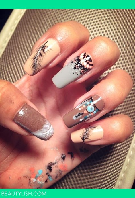 American Indian inspired nail art | Yolanda Z.'s Photo | Beautylish Indian Nail Designs, Indian Nail Art, Country Acrylic Nails, Feather Nail Art, Cowboy Nails, Indian Nails, Feather Nails, American Nails, Western Nails