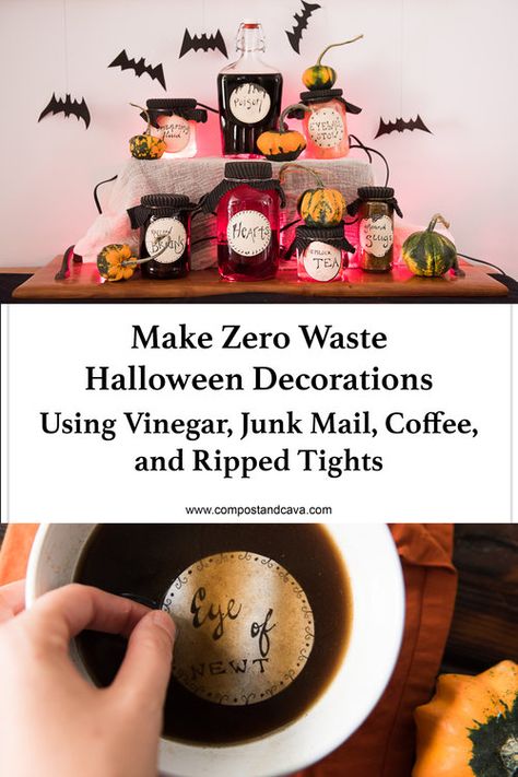 Turn ordinary household items into this spooky zero waste halloween decorations using vinegar, junk mail, coffee, and ripped tights Sustainable Halloween Decor, Witch's Kitchen, Zero Waste Holiday, Kitchen Compost, Ripped Tights, Dekorasi Halloween, Conscious Consumption, Eco Crafts, Eco Friendly Holiday