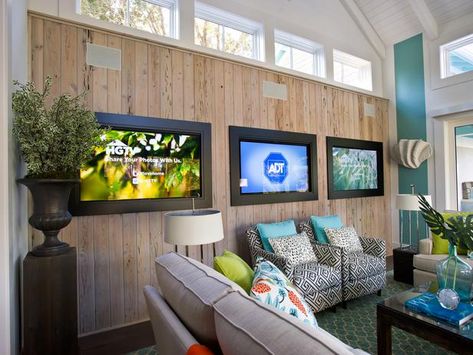 Come Tour The 2013 HGTV Smart Home With Me! - Addicted 2 Decorating® Hide Television, Media Room Furniture, Media Room Seating, Wall Screen, Theater Rooms, Media Room Design, Green Homes, Smart House, Elevated Bed