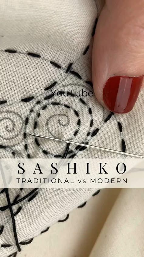 Learn how to stitch both traditional and modern sashiko, and when to use each stitch. YouTube Tutorial How To. #sashiko #howtosew #traditionalsashiko #modernsashiko #sashikohowto #sashikotutorial #handsewing #sewingtutorial #beginnersashiko #wellness #mentalhealthsewing #mentalwellness #anxiety #stitchsashiko #simplesewing #learntosew #learnhandsewing #easysashiko #traditionalvsmodern #anxietyrelief #sewinglove #lovetosew #simplesewing #beginnerstitching Sashiko Waves Patterns, Shashiko Embroidery Dress, Shasiko Pattern Stitches, Japanese Slow Stitching, How To Do Sashiko Stitching, Sashiko Stitching Patterns, Sashiko Mending Patterns, Easy Sashiko Pattern, Sashiko Embroidery Mending