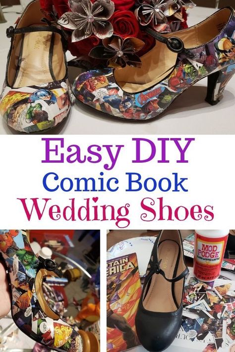 Diy Comic Book, Comic Book Shoes, Diy Comic, Wanted Comic, Marvel Wedding, Comic Book Wedding, Geeky Chic, Nerd Wedding, Superhero Wedding