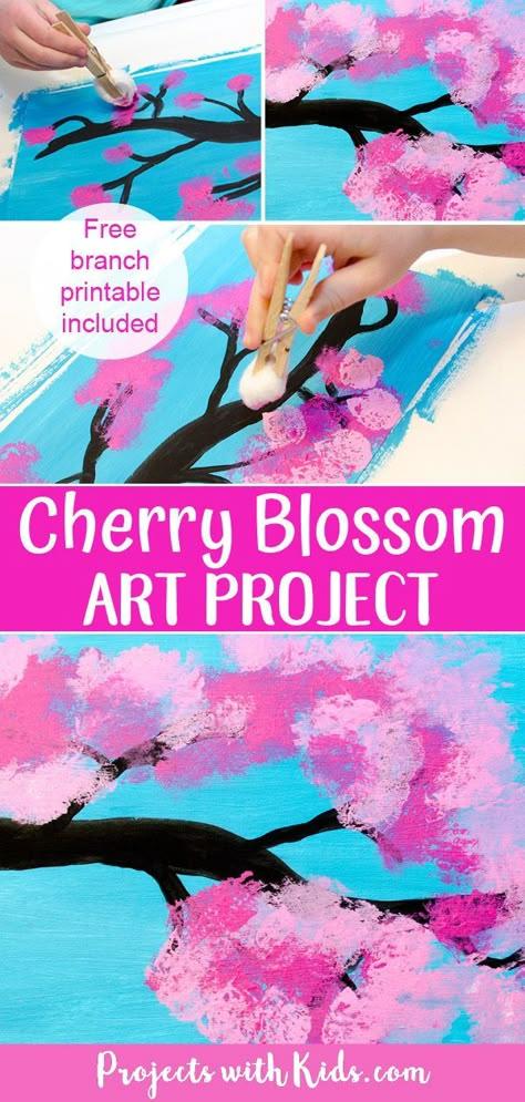 Branch Template, Kids Painting Activities, Spring Arts And Crafts, Spring Art Projects, April Art, Blossom Painting, Kindergarten Art Projects, Cherry Blossom Painting, Art Project For Kids