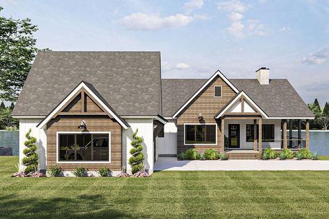 4-Bedroom Single-Story Craftsman Style Lake House with Wraparound Porch and Wet Bar (Floor Plan) - Home Stratosphere Bar Flooring, Lake House Plans, Farmhouse House, House Plans Farmhouse, Modern Farmhouse Plans, Best House Plans, Cathedral Ceiling, Farmhouse Plans, Modern Farmhouse Style