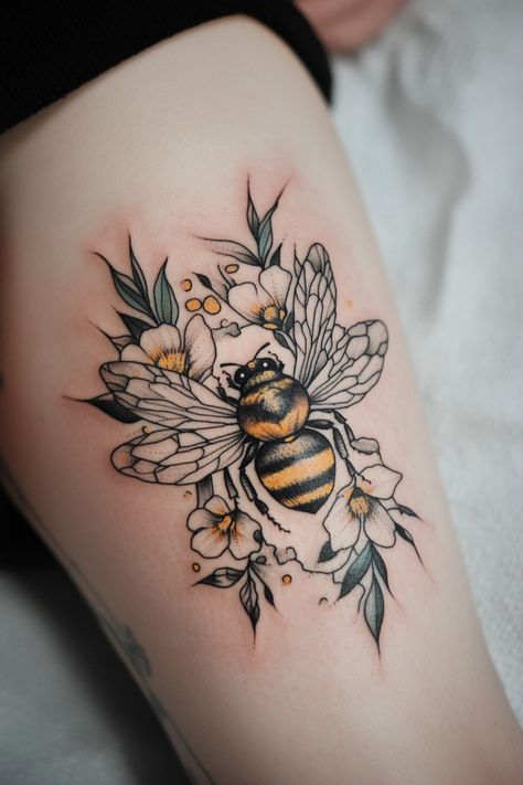 Tattoo of a bee surrounded by flowers and leaves on a person's skin. Bee Hand Tattoo For Women, Art Deco Bee Tattoo, Bees And Butterflies Tattoo, Bee Tattoo Ideas Unique, Bee Thigh Tattoo, Flowers And Bees Tattoo, Bee Tattoo With Flowers, Flower Bee Tattoo, Bee Tattoos For Women