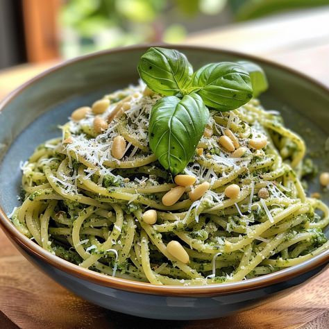 🌿 Fresh, vibrant Pesto Pasta that's perfect for a quick dinner! 🍽️ Pesto Pasta 🛒 Ingredients: Pasta: 400g Fresh basil: 2 cups Pine nuts: 1/4 cup, toasted Garlic: 2 cloves Parmesan cheese: 1/2 cup, grated Olive oil: 1/2 cup Salt and pepper: To taste 👩‍🍳 Instructions: Cook pasta: Boil pasta until al dente. Make pesto: Blend basil, pine nuts, garlic, parmesan, and oil. Combine: Toss pesto with hot pasta. Serve: Garnish with extra parmesan. 🌟 Discover the rich flavors of our Pesto Pasta—easy,... Pesto Pasta Aesthetic, Pine Nut Pasta, Pesto No Pine Nuts Recipe, Pine Nuts Pasta, Vegan Pesto Pine Nut, Pesto Pasta Pine Nut, Basil Pesto Without Pine Nuts Recipe, Basil Pine Nut Pesto, Pesto Spaghetti