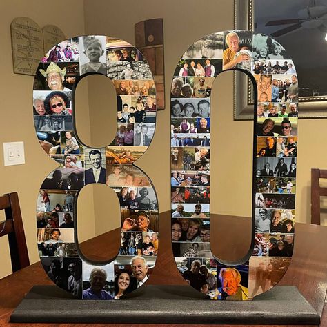 Photo Collage Number Cutouts - Party Decorations by a Pro Photo Display For Anniversary Party, Photo Wall Collage Birthday Party, Photo Collage Numbers, Display Pictures At Party, How To Display Pictures At A Party, Photo Display For Party, 80th Birthday Party Ideas For Dad, Number Picture Collage, Photo Number Collage