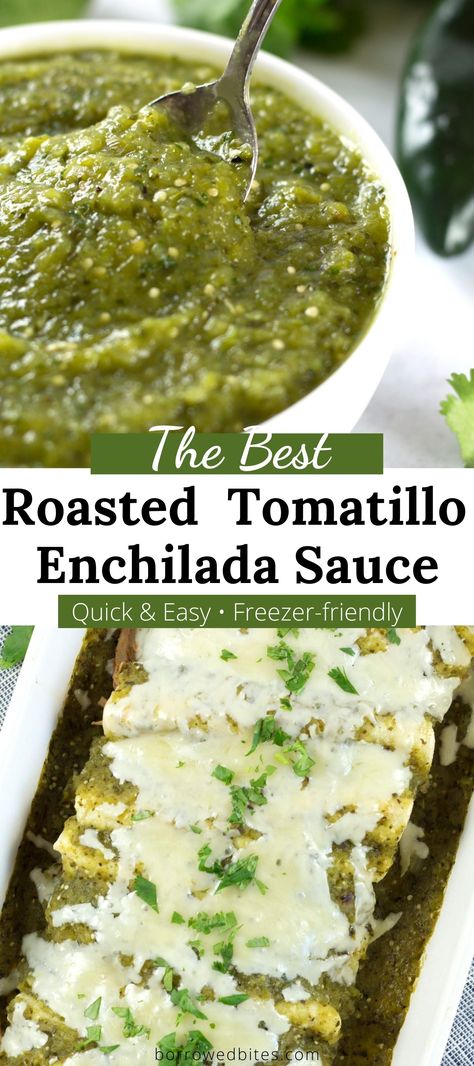 Homemade Green Enchilada Sauce is way better than store-bought and super easy to make. Start by charring the vegetables in the oven, then blend together with herbs and spices for that fresh Mexican flavor. Make several batches at once and pop some in the freezer so you always have this verde enchilada sauce on hand for a quick dinner! #mexicanfood #enchiladas #enchiladasauce #homemadeenchiladasauce #greenenchiladasauce #tomatillos Red Sauce Recipes, Cheese Enchiladas With Red Sauce, Tomatillo Enchiladas, Tomatillo Enchilada Sauce, Tomatillo Recipes, Red Sauce Recipe, Roasted Tomatillo, Tomatillo Sauce, Verde Sauce