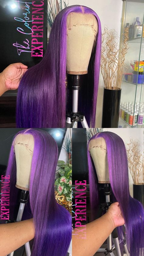 Purple Wig On Black Women, Purple Hair Lace Wig, Colored Closure Wigs, Color Hair Wigs, Colored Straight Wig, Colors To Try On Wigs, Middle Part Colored Hair, Colored Lace Front Wigs Brown Skin, Purple Hair Wig Black Women