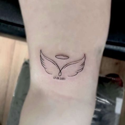 Memorial Date Tattoos, Angel Wings With Date Tattoo, Grandma Angel Tattoo, Small Dainty Angel Wing Tattoo, Angel Wings Halo Tattoo, Angel Wing Tattoo Memorial, Angle Baby Tattoos For Women, Angel Wings Tattoo For Grandma, Mother Memorial Tattoos Mom Angel