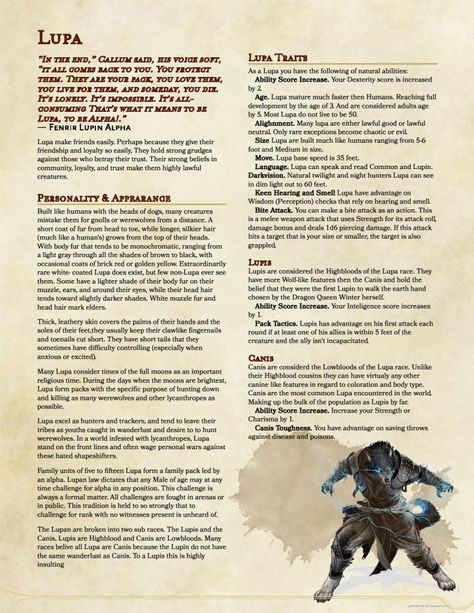 My Homebrew Three: Race Lupa – Runkle Plays Games Dnd 5e Races, Homebrew Races, 5e Races, Dungeons And Dragons Races, D D Races, Dnd Homebrew, Dnd Races, Dnd Classes, Dungeons And Dragons Classes