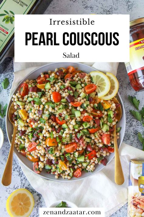 This Mediterranean pearl couscous salad is filled with vibrant flavors, inspired by my Middle Eastern heritage. Using moghrabieh couscous, a larger type of couscous originating from countries in North Africa, this couscous pasta salad is filled with cucumber, tomato, olives, and fresh herbs, tossed in a tangy, lemon olive oil dressing. Couscous Recipes Mediterranean, Couscous Pasta Salad, Moroccan Couscous Salad, Lemon Olive Oil Dressing, Lemon Herb Dressing, Pearl Couscous Recipes, Healthy Mediterranean Recipes, Making Couscous, Pearl Couscous Salad