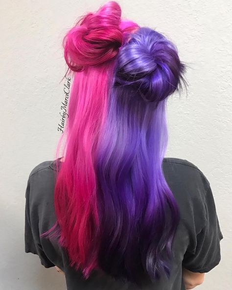 Half and half pink and purple reverse Ombre 💗💜 #hairbymarciclark #pinkhair #purplehair #reverseombre #halfandhalf #spacebuns #pinkombre… Half Pink And Purple Hair, Half Pink Half Purple Hair, Split Dyed Hair Purple And Black, Half Red Half Purple Hair Split, Play Wigs, Pink And Purple Split Dye, Purple And Red Hair, Split Dyed Hair Pink And Purple, Purple And Pink Split Hair