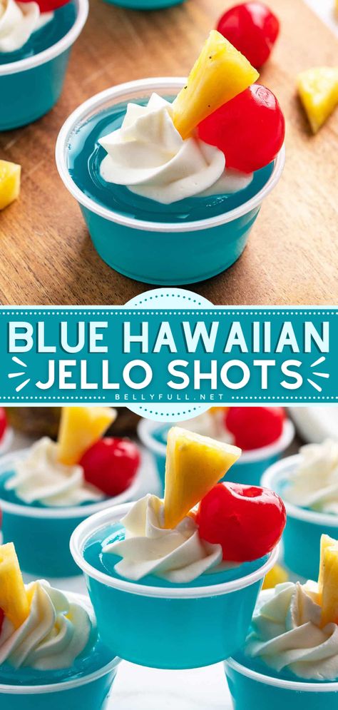 Blue Hawaiian Jello Shots Hawaiian Jello Shots, Blue Hawaiian Jello Shots, Rum Jello Shots, Lemonade Jello Shots, Margarita Jello, Blue Jello Shots, Jello Shots Vodka, Peach Jello, Vacation At Home