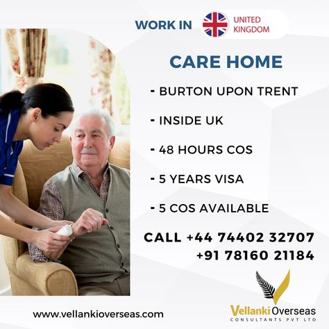 Passionate about caring for others? 🤗🇬🇧 Vellanki Overseas invites you to work in the UK as part of our Care Home Jobs program! With skilled visa options and a wide range of job opportunities in care homes, you can make a meaningful impact while advancing your career in the UK. Don't miss this chance to join the compassionate workforce. Apply now with Vellanki Overseas and start your rewarding journey in the UK! #WorkInUK #CareHomeJobs #SkilledVisa #VellankiOverseas Visa Approved, Burton Upon Trent, Caring For Others, Overseas Jobs, Care Homes, Visa Online, Care For Others, Care Home, Home Jobs