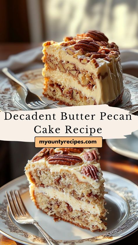 This Decadent Butter Pecan Cake Recipe is a Southern classic that’s rich, buttery, and full of nutty flavor. With layers of moist butter cake filled with toasted pecans and a sweet, creamy frosting, this cake is a true indulgence. It’s perfect for special occasions, holidays, or anytime you’re craving a slice of something sweet and nutty. Southern Butter Pecan Praline Cake, Homemade Butter Pecan Cake, Southern Butter Cake, Butter Pecan Cake Box Recipe, Butter Pecan Icing Recipe, Southern Butter Pecan Cake, Buttered Pecan Cake, Southern Cakes Homemade, Brown Butter Pecan Cake