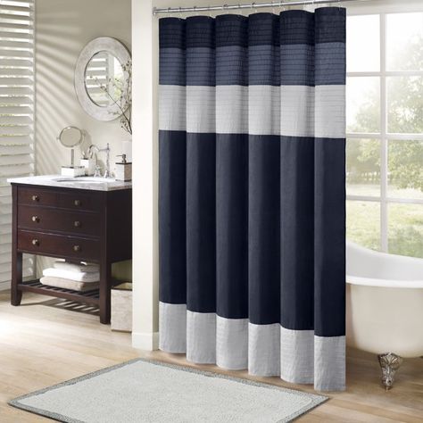 Home Essence Salem Pieced Faux Silk Shower Curtain Navy Blue Shower Curtain, Navy Shower Curtain, Gray Shower Curtains, Blue Shower Curtains, Striped Shower Curtains, Madison Park, Fabric Shower Curtains, Bathroom Style, Bathroom Shower Curtains