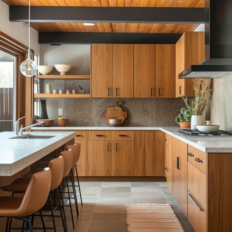 Malaysian Kitchen Design, Kitchen Interior Mid Century Modern, Retro Wood Kitchen, Modern Mid Century Kitchen Design, 1975 Home Remodel, Mid Century Laundry Room Ideas, Kitchen Design Mid Century Modern, Mid Century Modern Cabinets Kitchen, Kitchen Cabinets Mid Century Modern