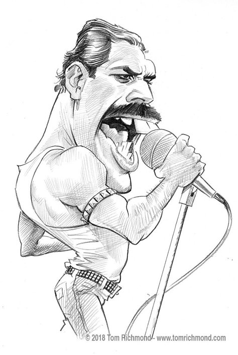 Freddie Mercury Caricatures Of Famous People, Characatures Sketches, Freddy Mercury Drawings, Karikatura Drawing, Funny Caricatures Drawing, Freddie Mercury Sketch, Freddie Mercury Drawing, Tom Richmond, Caricature Examples