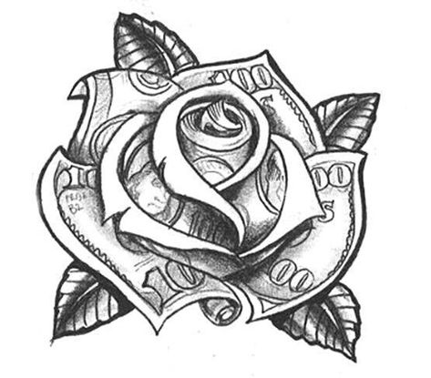 Rose Tattoo Drawing, Flash Art Tattoos, Money Rose Tattoo, Money Rose, Gangsta Tattoos, Kunst Tattoos, Money Tattoo, Graffiti Tattoo, Tattoo Outline Drawing