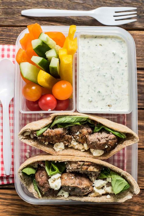 Mediterranean Meatballs with Dill Yogurt Sauce | NeighborFood Meatball Pita, Basil Chicken Salad, Mediterranean Beef, Dill Yogurt Sauce, Mediterranean Meatballs, Meatball Sandwiches, Pita Sandwich, Vegetarian Mains, Med Diet