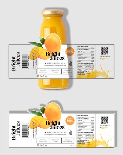 Kesegaran alami mangga dalam kemasan elegan. Nikmati jus premium setiap saat! 🥭✨ #NaturalGoodness #BrightJuices Juice Bottle Label Design, Drink Label Design, Juice Label Design, Glass Jar Packaging, Fruit Juice Brands, Mad Honey, Beverage Packaging Design, Fruit Juice Packaging, Juice Design