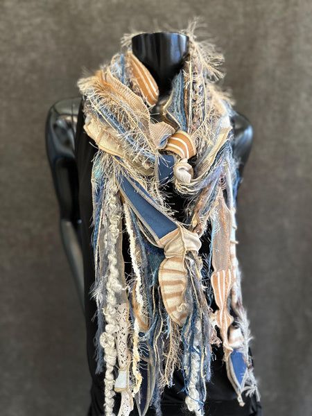 Bohemian handmade long Boho  blue tan cream Scarf, Shreds Fringie yarn scarf, Whimsical fiber fringe scarf, tribal scarves, eco refashion Modern Fashion Design, Diy Old Jeans, Yarn Fringe, Fish People, Cream Scarf, Homemade Clothes, Yarn Scarf, Bohemian Scarves, Clothing Projects