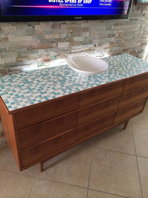 AFTER pic of our recent Saturday project: My Hubby and Me added a cool aqua blue and white retro mosaic tile top to this once "shabby" Mid Century dresser turned credenza!!! Blue Dresser, Mid Century Dresser, Dresser Top, White Mosaic, Buffet Table, Mosaic Tile, Tile Bathroom, Nursery Art, Mosaic Tiles