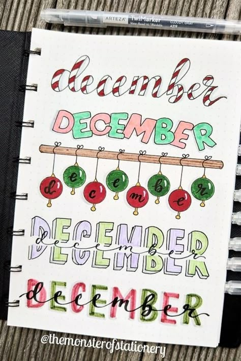 Check out these super fun DECEMBER header ideas to try in your bullet journal #bujo #bulletjournal #bulletjournalheader #bujodoodles Bullet Journal Christmas, Bullet Journal Titles, Journal Creative, Crazy Laura, Bujo Spreads, December Bullet Journal, Bullet Journal Font, Bullet Journal Banner, Journal Fonts