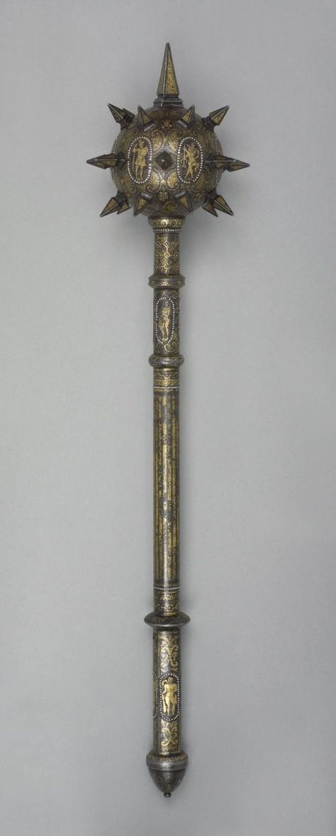 Set with twenty-two square-section spikes. The head, the upper part of the haft and the grip are minutely decorated with addorsed C-shaped scrolls, filled with delicate arabesques overlaid in gold and silver; on the head are seven oval panels with borders encrusted with silver dots and containing figures representing Music, Fame, Venus and Cupid, etc., the haft with three panels of like decoration and the grip with four figures of: Mars, Hercules, Diana and Flora, chiselled in low relief. Dark Times, Arm Armor, Hammers, Futurism, Metal Work, Axes, Swords, Knights, Dungeons And Dragons