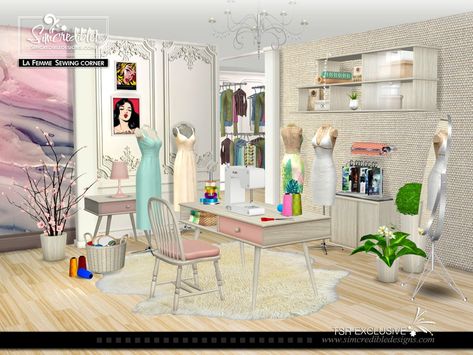 The Sims Resource - La Femme Sewing corner [web transfer] Sims 4 Cc Sewing Room, Sims 4 Sewing Cc, Sims 4 Fashion Designer Cc, Sims 4 Cc Furniture Living Rooms, Sewing Corner, The Sims 4 Pc, Cc Furniture, Pelo Sims, Log Baskets