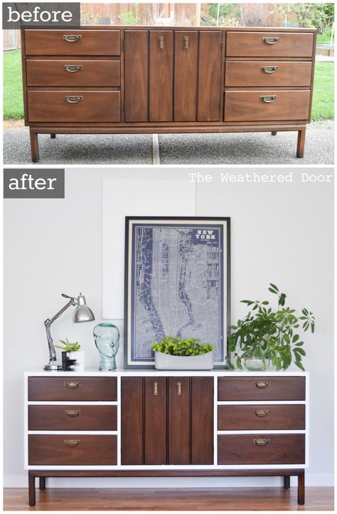 Before & After Fresh and Modern High Gloss Credenza with Geometric Drawers from The Weathered Door Diy Furniture Restoration, Dresser Makeover, Furniture Renovation, Refurbished Furniture, Cool Ideas, Furniture Restoration, Decor Minimalist, Flipping Furniture, Redo Furniture