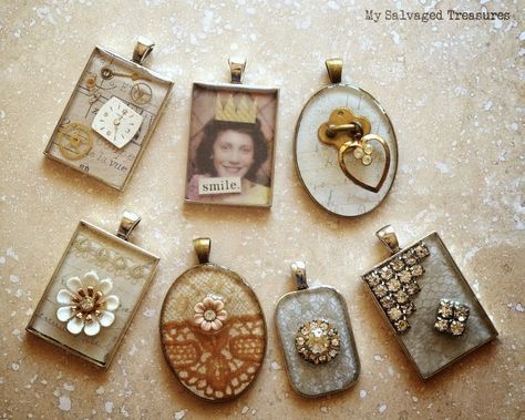 Make your own salvaged jewelry from anything! - My Salvaged Treasures featured on I Love That Junk Altered Jewelry, Ice Resin, Resin Pendants, Junk Jewelry, Mixed Media Jewelry, Resin Jewellery, Resin Projects, Repurposed Jewelry, Chain Maille