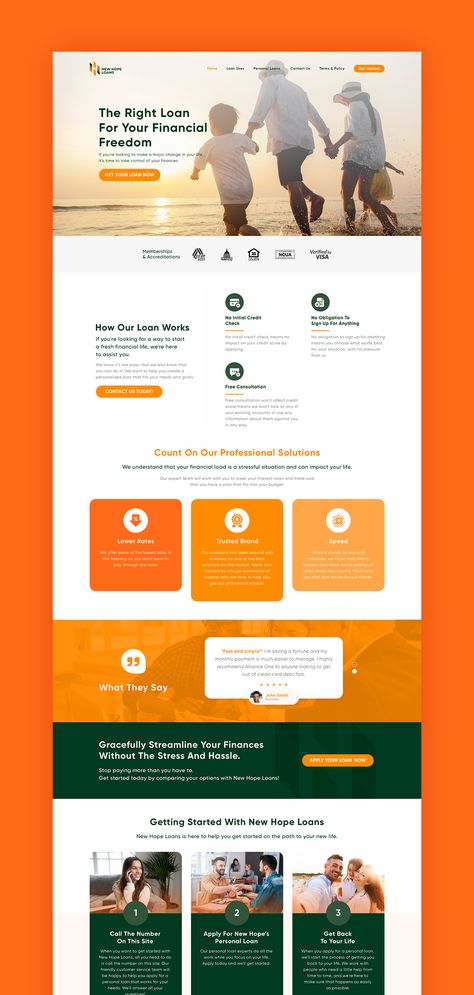 A user-friendly and visually appealing website design for New Hope Loans by LeadOrigin, featuring a vibrant orange and green color scheme that represents the company's mission of financial assistance and support for clients. The streamlined layout and professional design create a positive and informative experience for visitors, instilling trust and confidence in the brand. Website Splash Page, Creative Website Design Inspiration Color Schemes, Loan Website Design, Campaign Website Design, Leadership Website Design, Bright Color Website Design, Personal Website Design Inspiration, Orange Web Design, Website Card Design