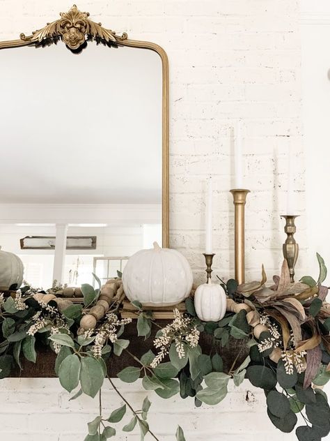 Anthropologie Mirror Dupe Fall Mantel Reveal | Bless This Nest Circle Mirror Bedroom, Decorating Mantle, Wall Mirror Decor Ideas, Bedroom Mantle, Fall Mantels, Mirror Over Fireplace, Anthropologie Mirror, Antiques Decor, Tire Seats