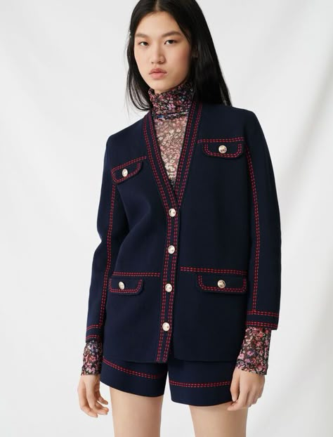 Cardigan with contrasting topstitching - MFPCA00101 | maje.com Preppy Mode, Fall Fashion Trends Women, Knit Coat, Navy Cardigan, Gilet Long, Estilo Preppy, Preppy Look, High Street Fashion, Cardigan Long