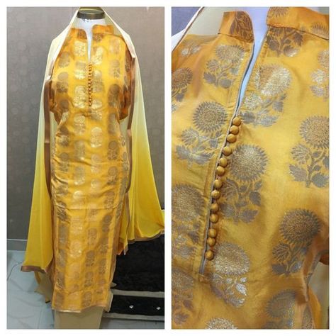 The Potli button detailing is a good option if you want something unique. Potli neck designs are distinctive and very old-fashioned. You can easily experiment with potli neck design patterns with any style of Kurtis and salwar suits. Yellow Silk Kurti Designs, Yellow Silk Suit Designs, Banarsi Neck Suit Design, Yellow Banarsi Suit, Design For Silk Suits, Ledis Suit Design, Brocade Churidar Designs, Neck Designs For Silk Suits, Broket Kurta Design