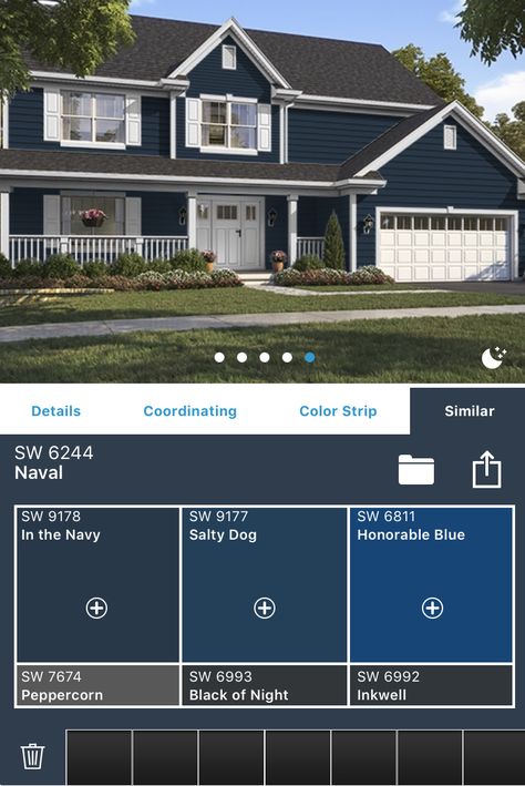 Navy Blue Houses Exterior, Navy Exterior House Colors, Navy Blue House Exterior, Beach House Exterior Paint Colors, Sw Naval, Navy House Exterior, Navy Blue Houses, Comfy Cottage, Dark Blue Houses