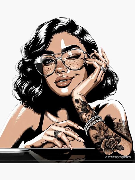 Glasses Drawing, Glasses Sticker, Woman With Tattoos, Woman Sketch, Modern Portraits, Trendy Glasses, Cartoon Logo, Tattoo Artists, Sticker Design