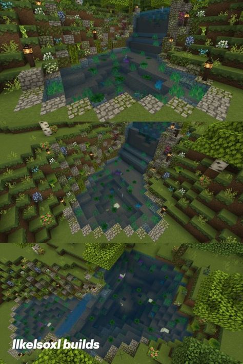 Pond Cottagecore, Waterfall Minecraft, Minecraft Pond, Aesthetic Minecraft Builds, Waterfall Decoration, Minecraft Cottagecore, Waterfall Pond, Cottage Minecraft, Cottagecore Minecraft