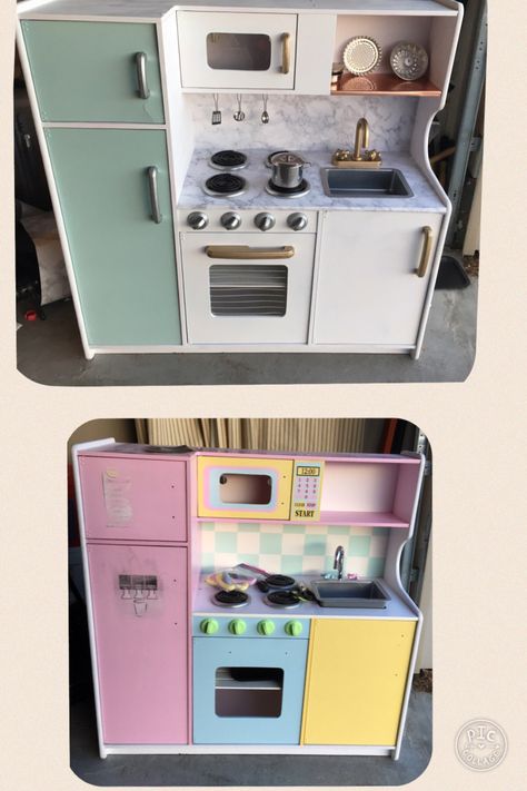 Kidcraft Kitchen Makeover, Kidcraft Kitchen, Kidkraft Kitchen Makeover, Kidkraft Kitchen, Play Kitchen Makeover, Kitchen Makeover Projects, Diy Kids Decor, Kitchen Renovation Diy Ideas, Diy Kitchen Makeover Ideas