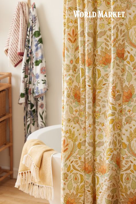 World Market Shower Curtain, Cotton Shower Curtain, Floral Shower Curtains, Beautiful Curtains, Shower Curtain Rings, Bathroom Refresh, Bathroom Essentials, World Market, Bath Decor